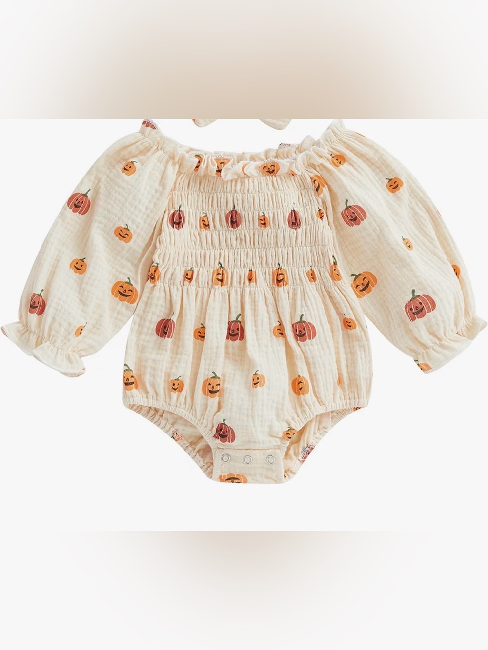 Halloween Baby Pumpkin Print Long-Sleeve Romper - Cream 6-12 month